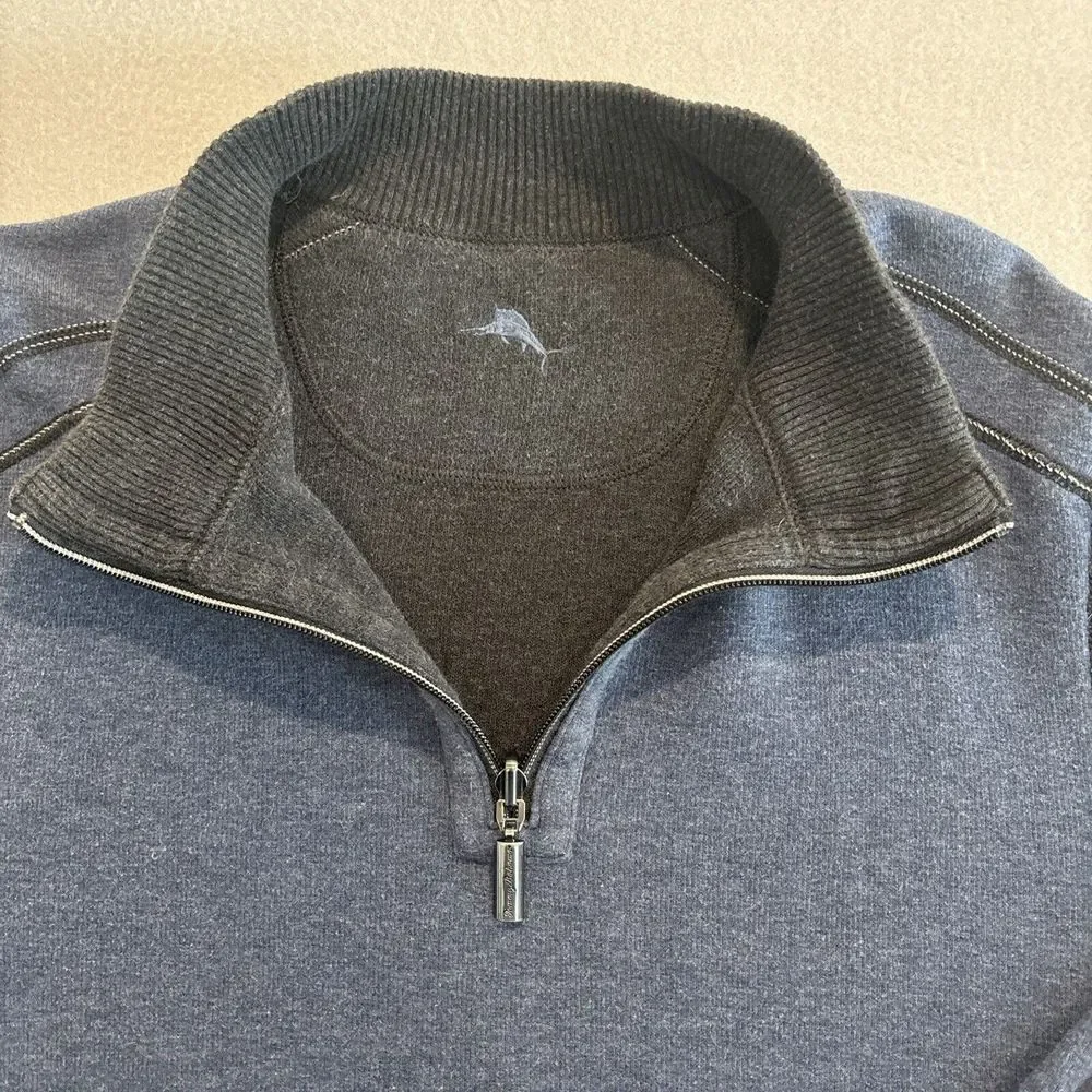 Tommy Bahama LARGE Reversible Blue & Gray Quarter Zip Long Sleeve Men's EUC Soft